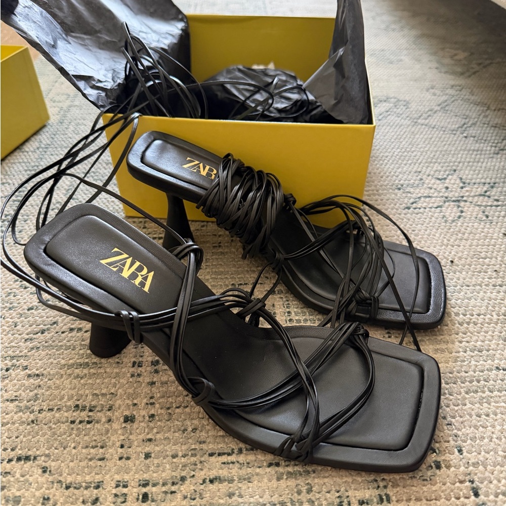 Zara Black Strappy Lace-Up Heel Sandals Size 7